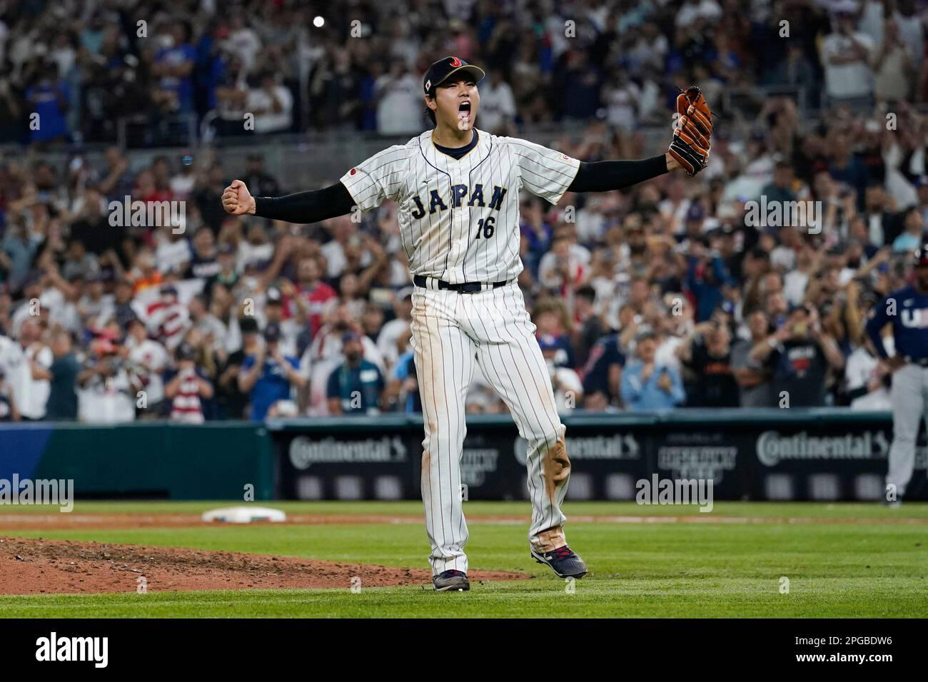 Japan pitcher Shohei Ohtani (16) celebrates after defeating the United States at the World