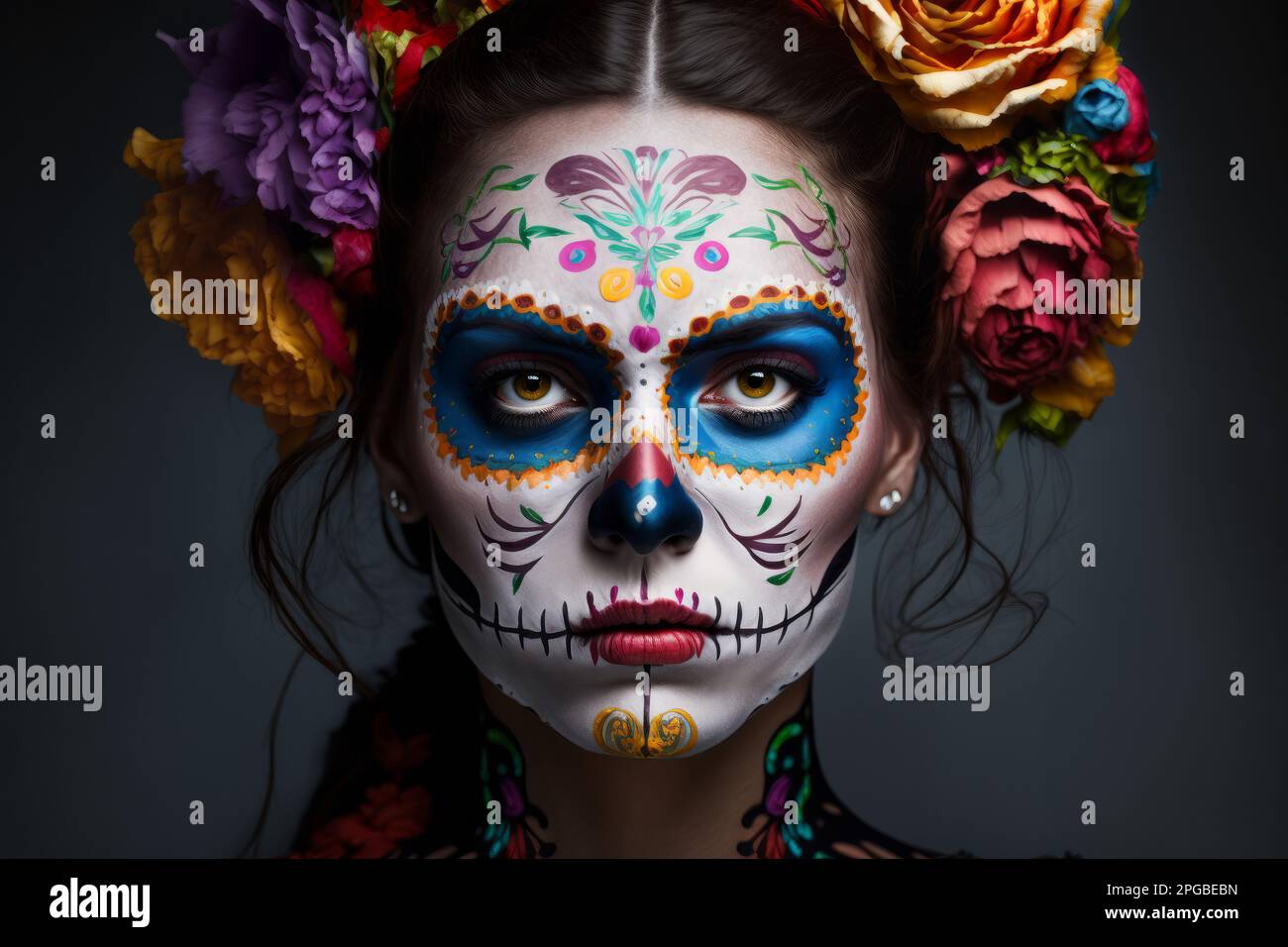 vPortrait of a woman wearing day of the dead mexican skull costume. Generative ai Stock Photo