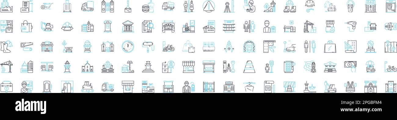 Cityscapes vector line icons set. Urban, skyline, metropolis, metropolises, vista, architecture, buildings illustration outline concept symbols and Stock Vector