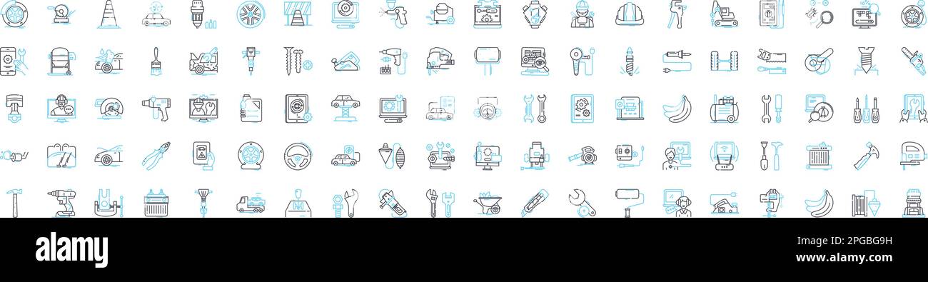 Maintenance vector line icons set. Repairs, Upkeep, Service, Adjustment, Restoration, Overhaul, Checkup illustration outline concept symbols and signs Stock Vector
