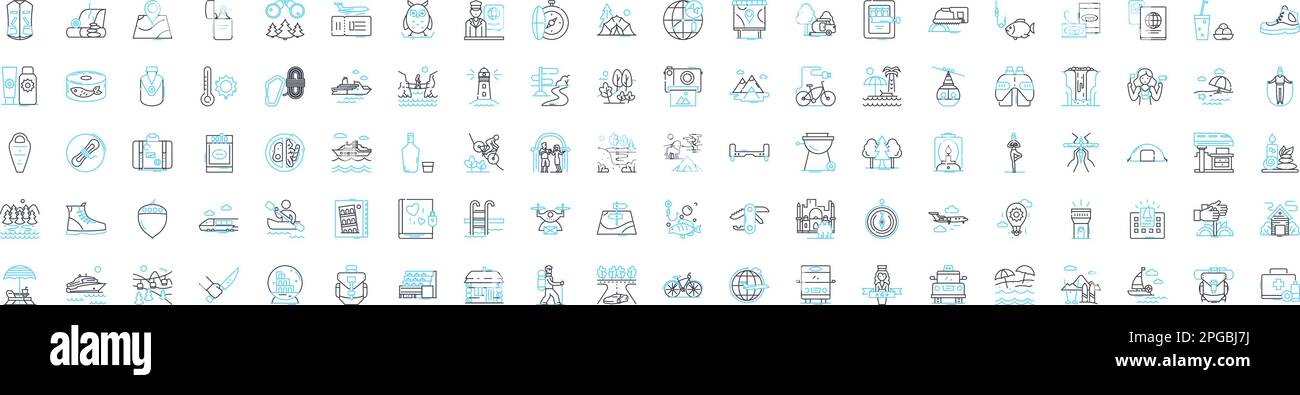 Travel business vector line icons set. Tourism, Tour, Vacation, Journey, Adventure, Transport, Sightseeing illustration outline concept symbols and Stock Vector