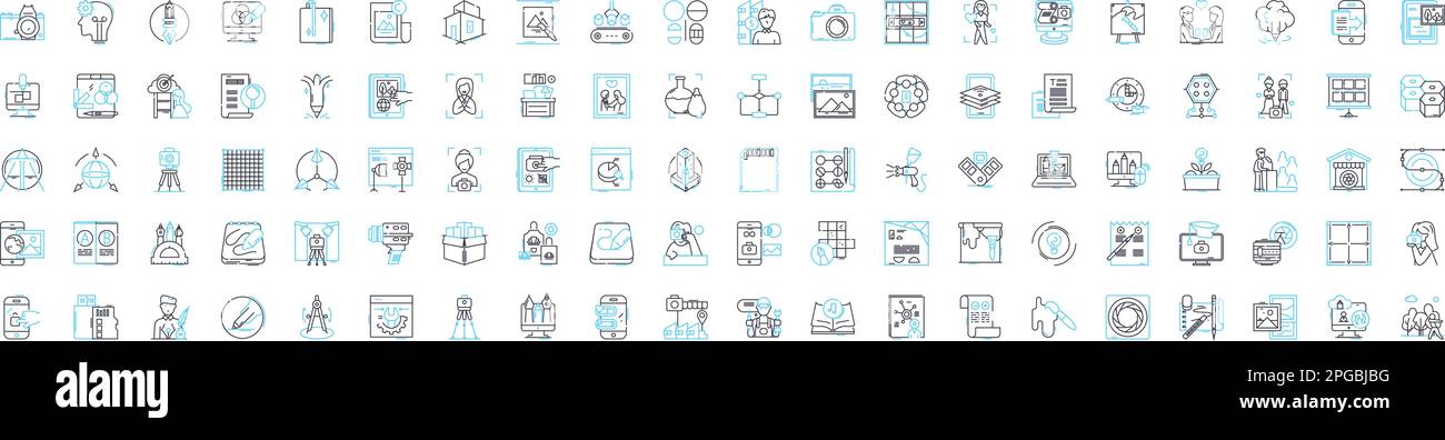 Graphic arts vector line icons set. Graphics, Art, Visuals, Illustrations, Drawings, Images, Posters illustration outline concept symbols and signs Stock Vector