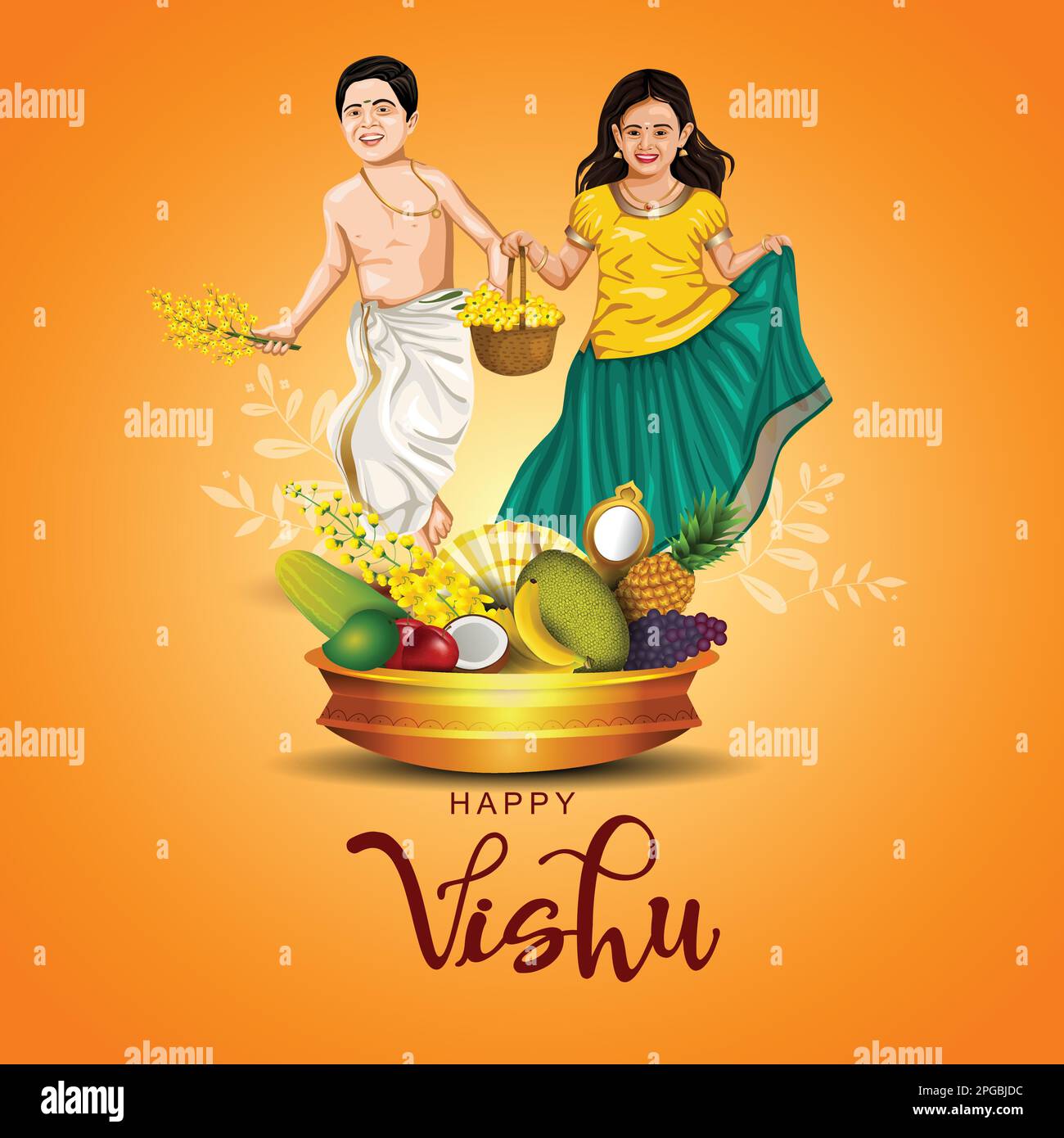 Happy Vishu greetings. April 14 Kerala festival with Vishu Kani, vishu flower Fruits and vegetables in a bronze vessel. vector illustration design Stock Vector