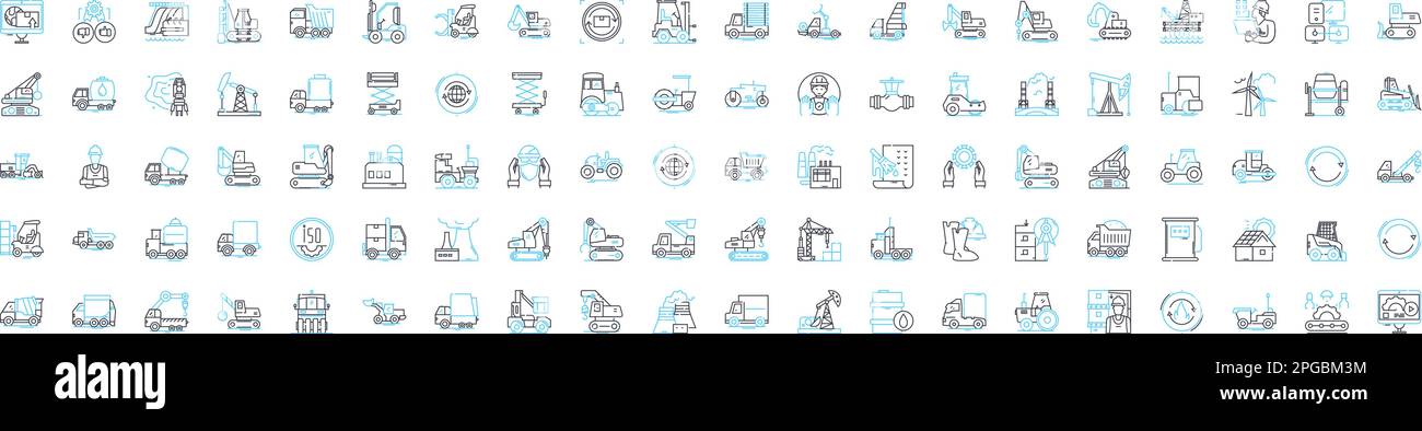 Factory machinery vector line icons set. Machinery, Factory, Equipment, Automation, Process, CNC, Install illustration outline concept symbols and Stock Vector