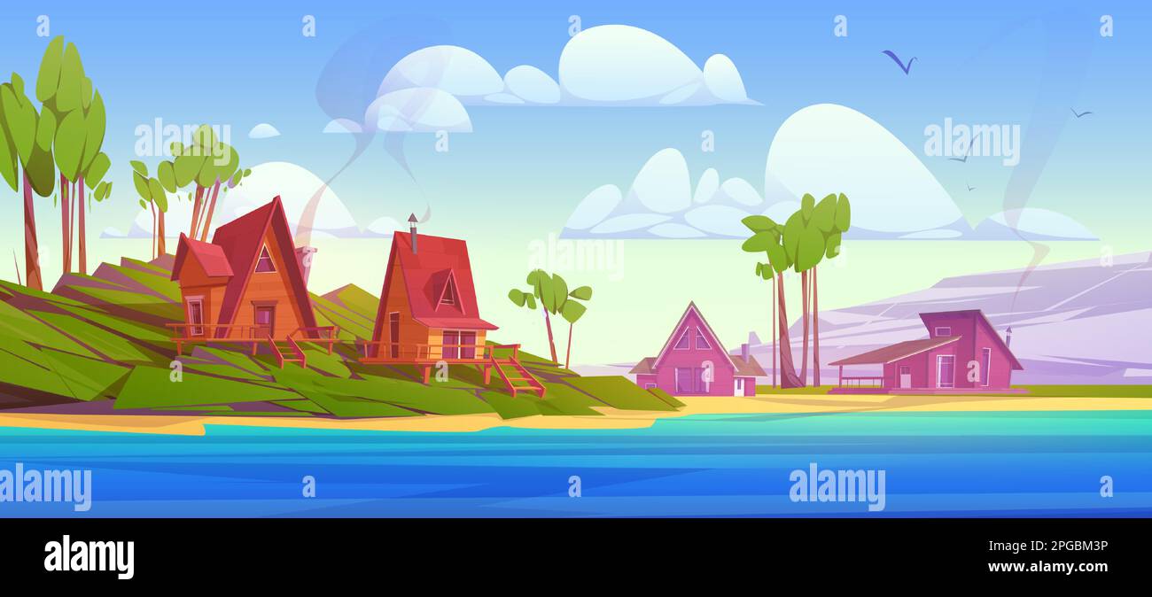 Cozy wooden houses near mountain lake. Vector cartoon illustration of beautiful natural landscape, glamping huts on green hill, tall trees, blue water surface, birds flying in sky. Recreation scene Stock Vector