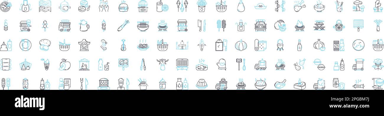 Picnic and barbeque vector line icons set. Picnic, Barbeque, BBQ, Outdoor, Grill, Cookout, Feast illustration outline concept symbols and signs Stock Vector