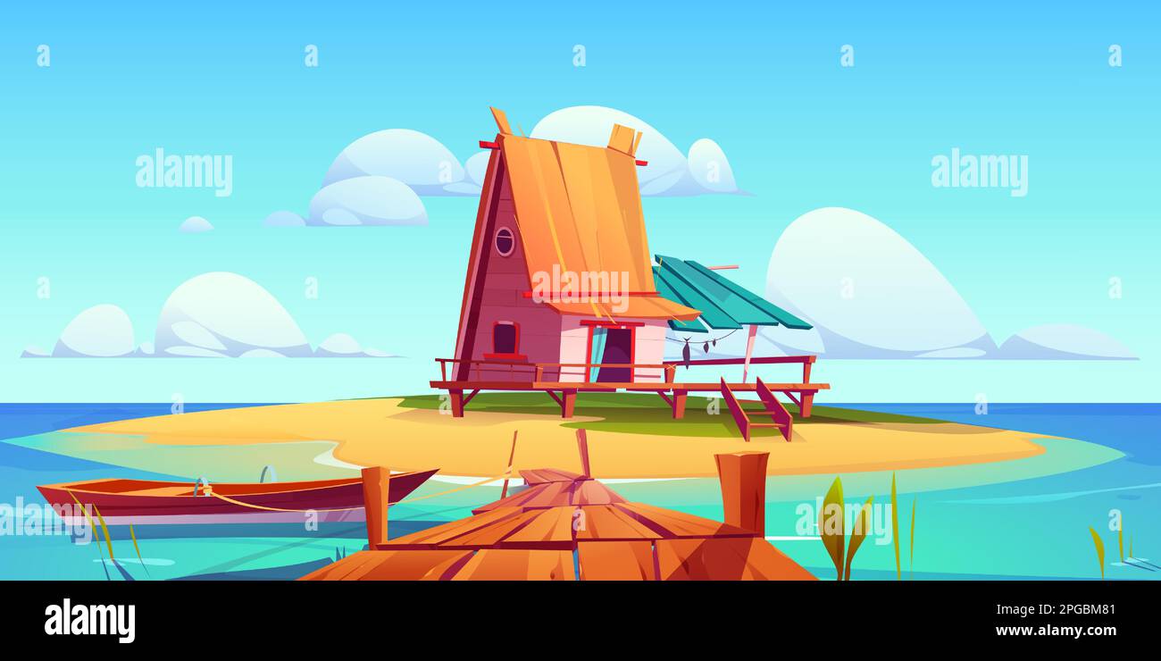 Cartoon scene with small house on island in ocean harbor. Vector