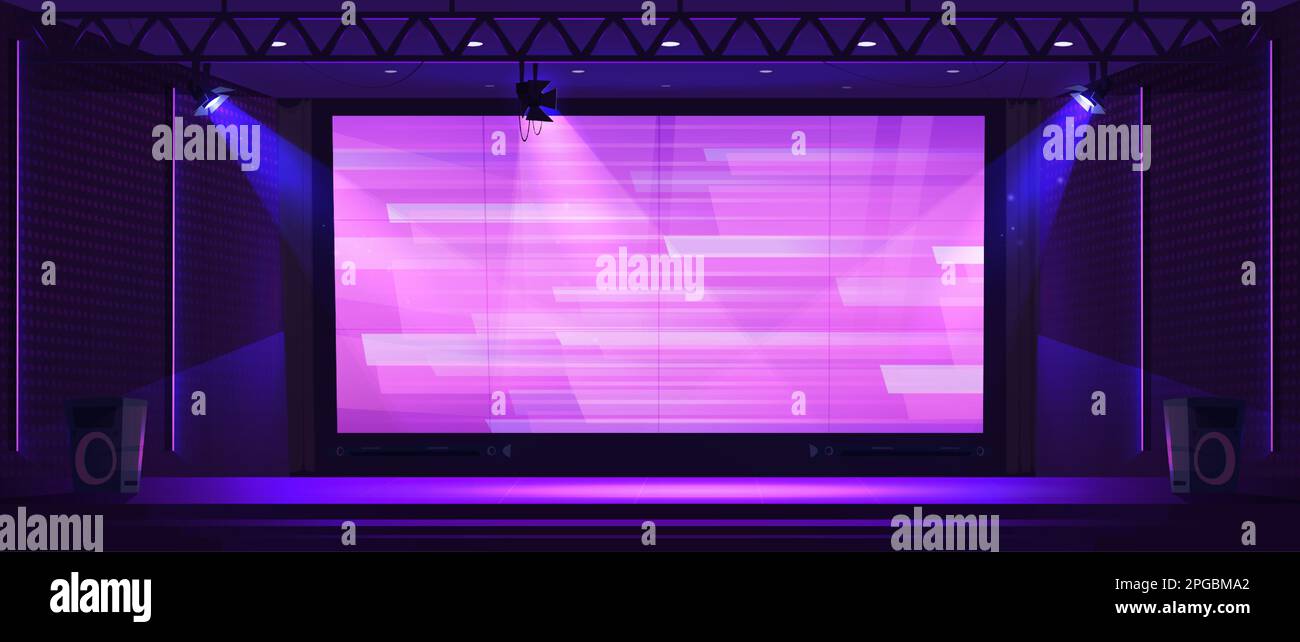 TV show studio with stage, led screen and spotlights. Empty scene interior with light projectors, digital monitor and speakers, vector cartoon illustration Stock Vector