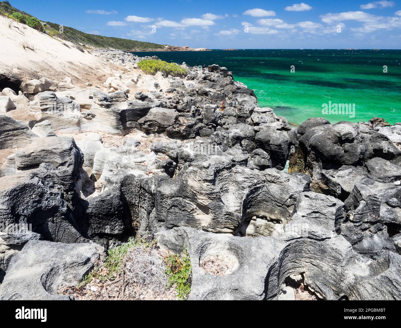 Limestone blowholes with Elephant Rock in the distance, Cosy Corner, Cape to Cape track, Leeuwin-Naturaliste National Park, Western Australia Stock Photo
