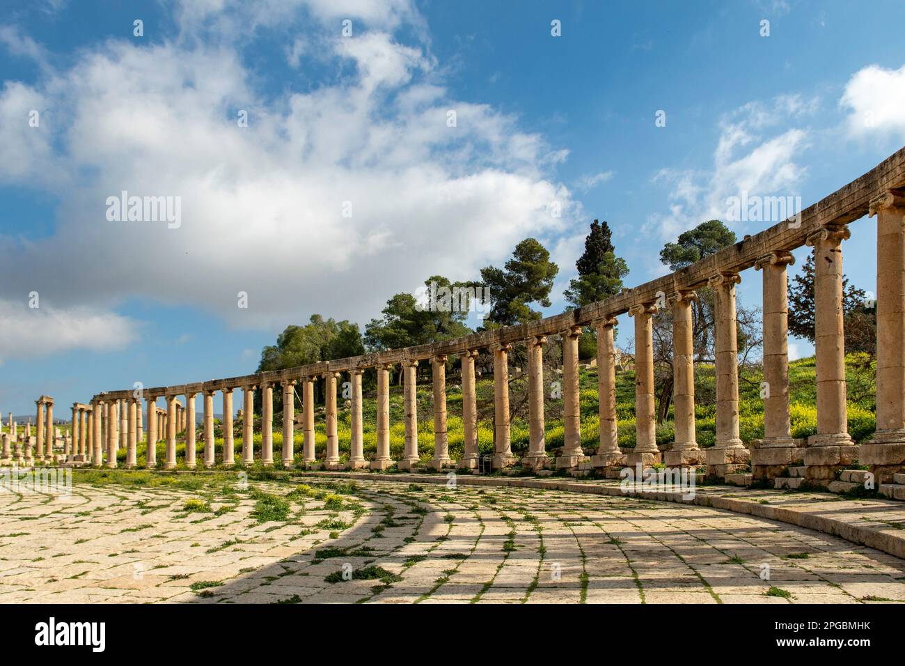 Oval Plaza, Roman Town of Gerasa, Jerash, Jordan Stock Photo