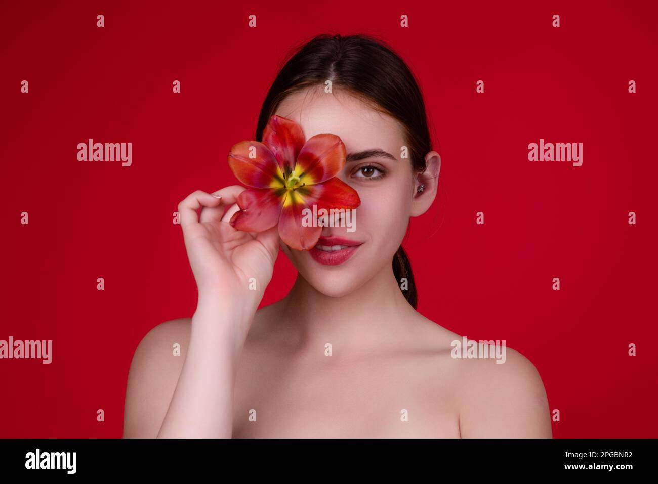 Beauty girl with tulip near face. Beautiful sensual woman hold tulips, studio portrait on red background. Stock Photo
