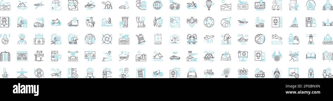 Airport vector line icons set. Airport, Terminal, Check-in, Terminal-, TSA, Runway, Arrival illustration outline concept symbols and signs Stock Vector