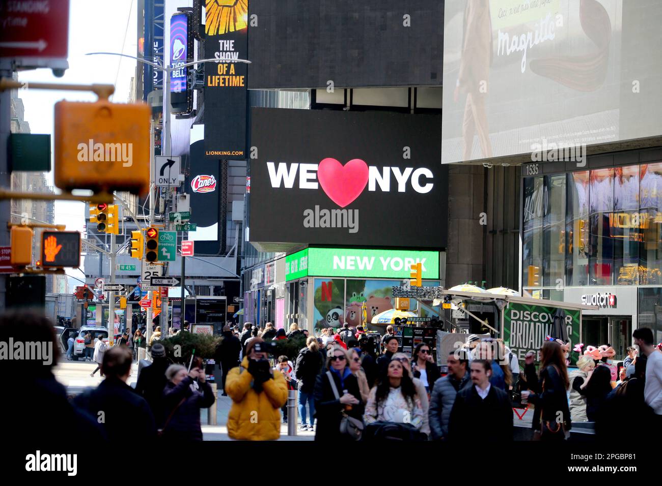 New York City, United States. 21st Mar, 2023. We Love NYC new logo on giant billboards in Times Square, New York City, NY, USA on March 21, 2023. Officials unveiled new logo for New York to replace the most iconic 'I Love NYC' designed by Milton Glaser for a 1977 campaign to promote tourism in New York State. Photo by Charles Guerin/ABACAPRESS.COM Credit: Abaca Press/Alamy Live News Stock Photo