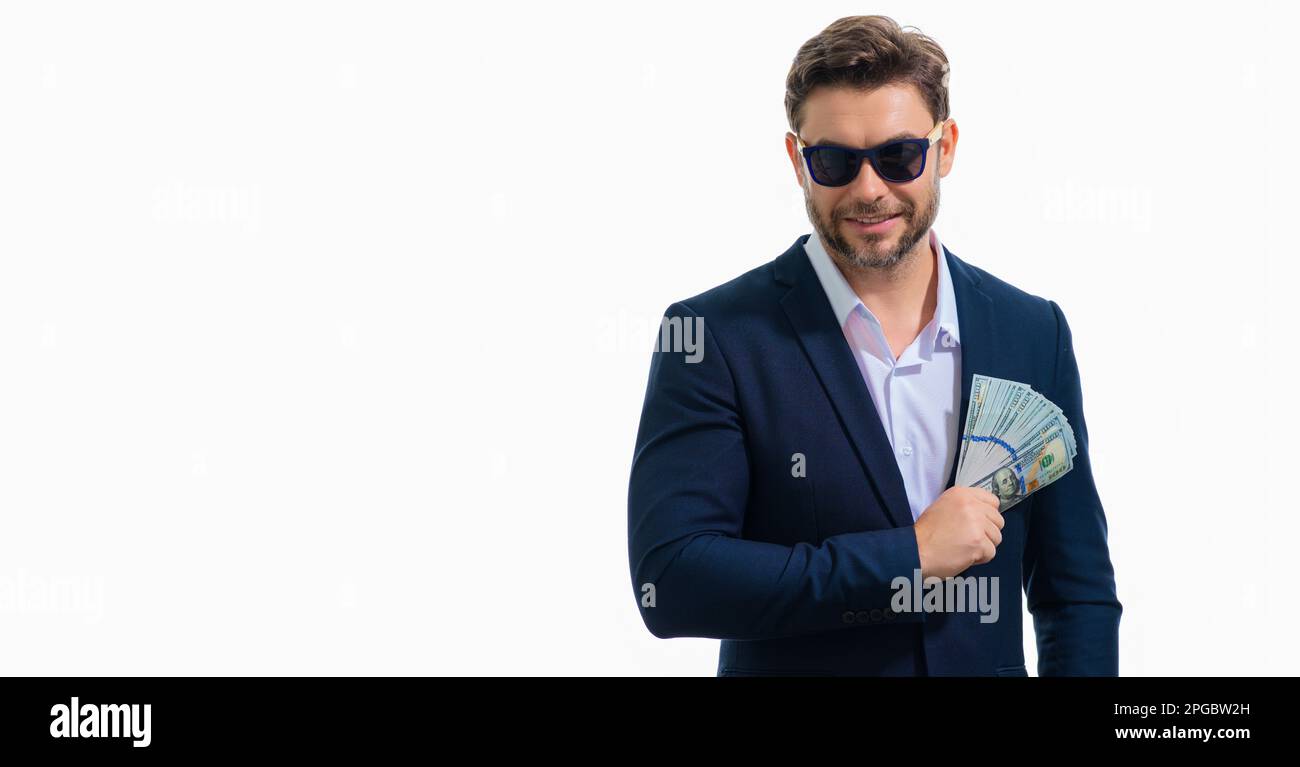 Banner of business man in formal wear suit holding cash dollar bills on white banner. Big luck, banner. Dollar cash money concept. Man hold cash money Stock Photo