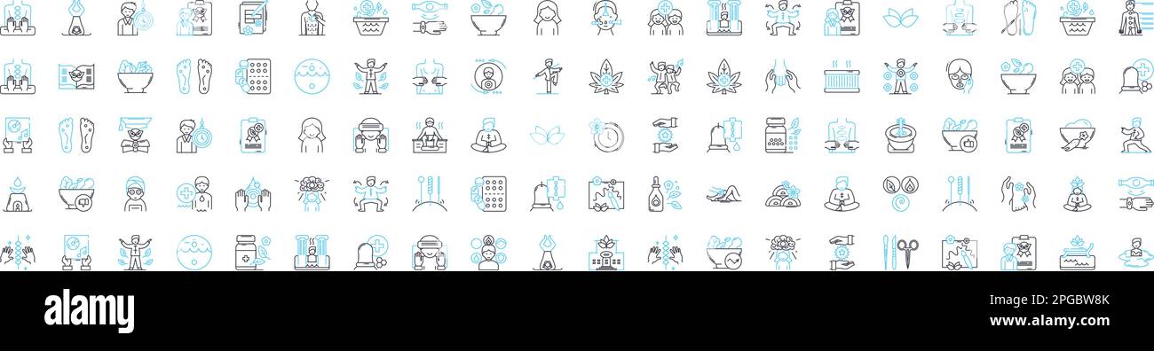 Alternative medicine vector line icons set. Holistic, Naturopathy, Homeopathy, Acupuncture, Ayurveda, Reiki, Aromatherapy illustration outline concept Stock Vector