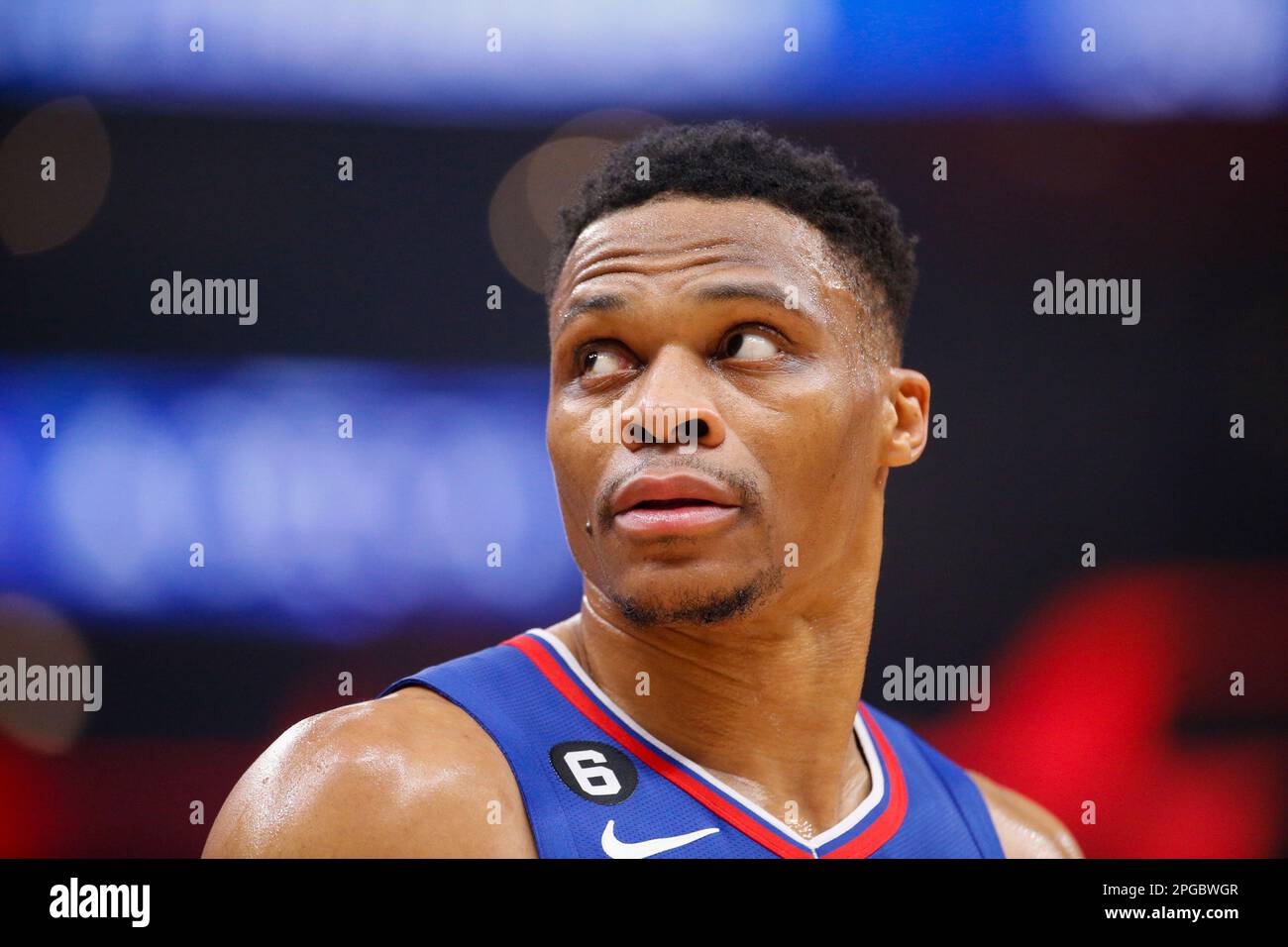 Los Angeles Clippers guard Russell Westbrook looks back during the