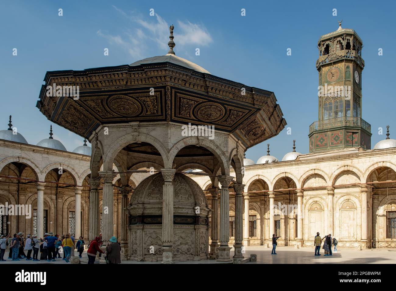 Fountain and Clock Tower in Mosque of Mohamed Ali, Cairo, Egypt Stock