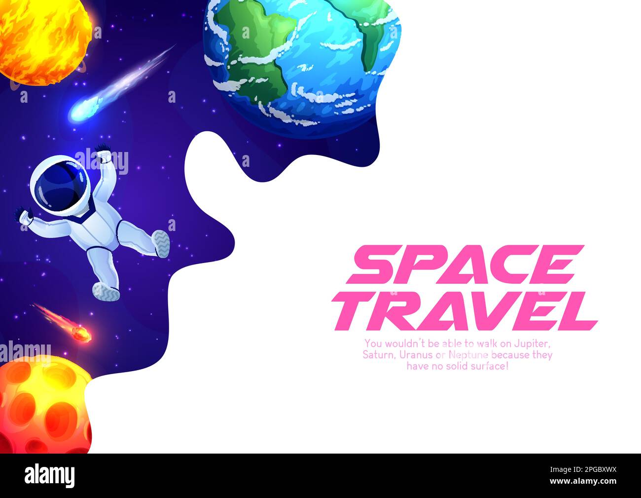 Astronaut in outer space, landing page with galaxy planets and stars, vector website template. Space adventure and spaceman travel to galactic and out Stock Vector