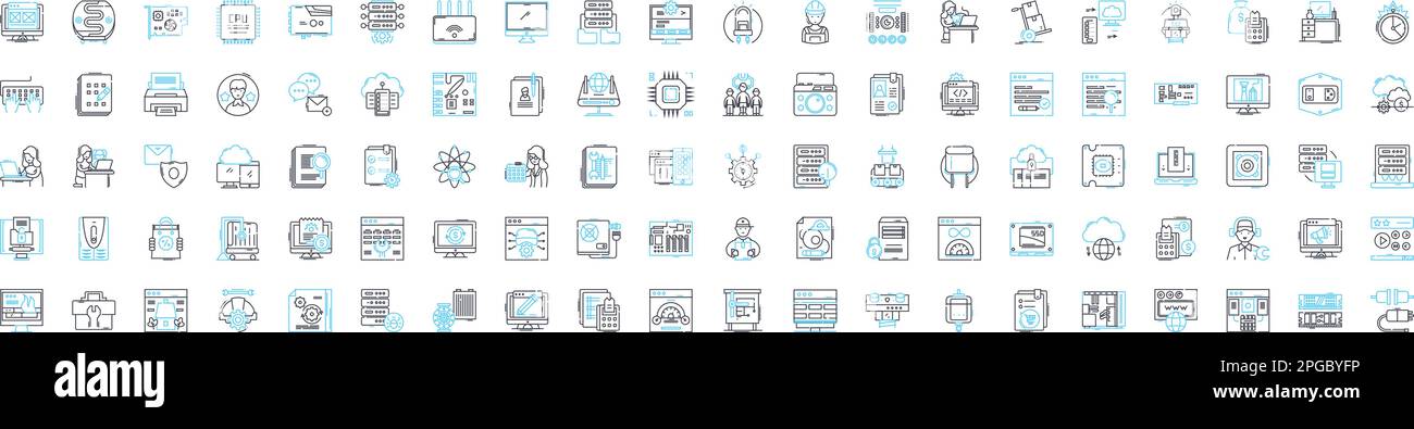 hardware tech vector line icons set. Hardware, Technology, Devices, Components, Gadgets, Networking, Network illustration outline concept symbols and Stock Vector