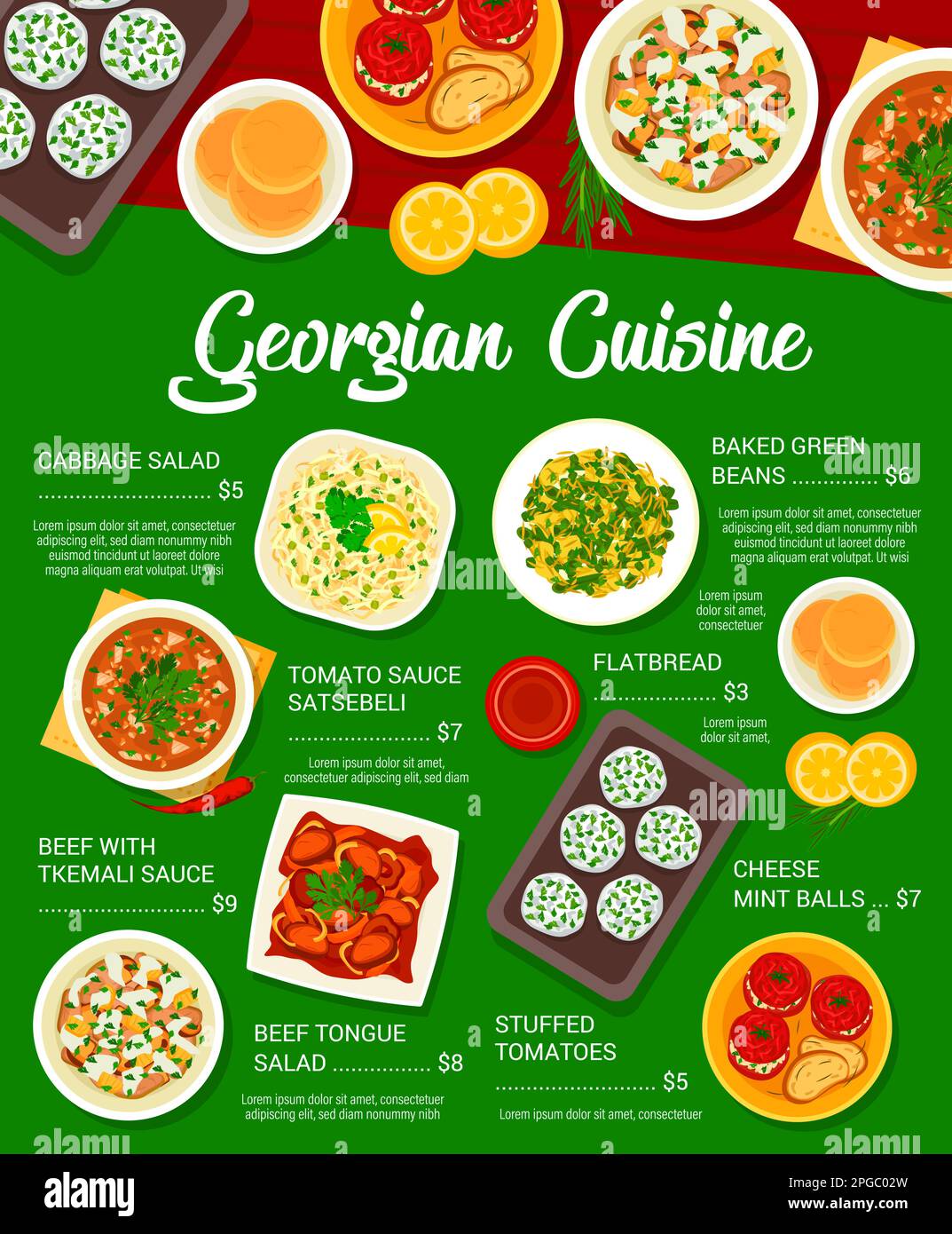 cuisine restaurant meals menu template. Flatbread, beef tongue salad and stuffed