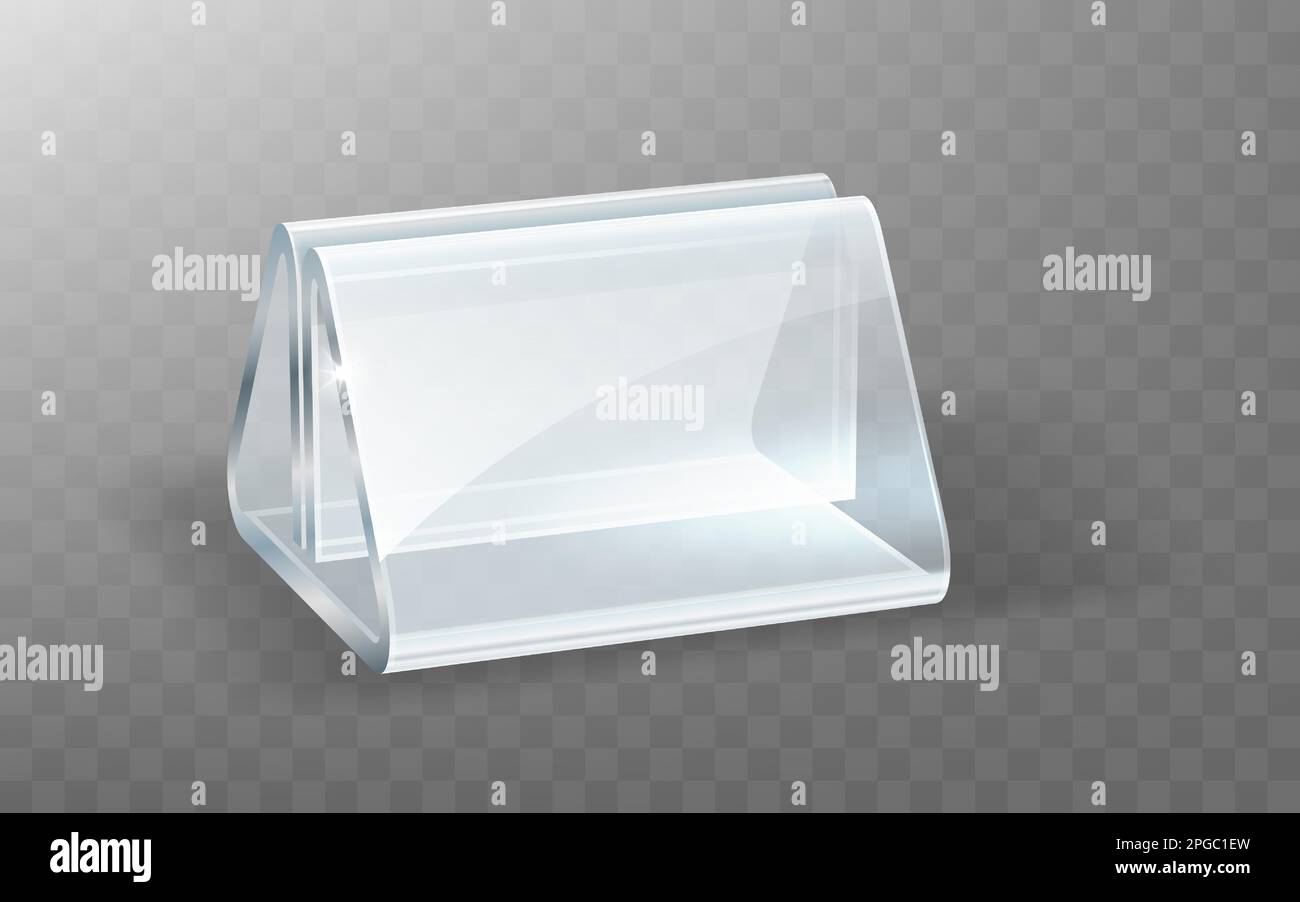 Acrylic holder, glass or plastic display stand for menu or cards, realistic vector illustration. Transparent table holder or tent for price isolated on transparent background Stock Vector
