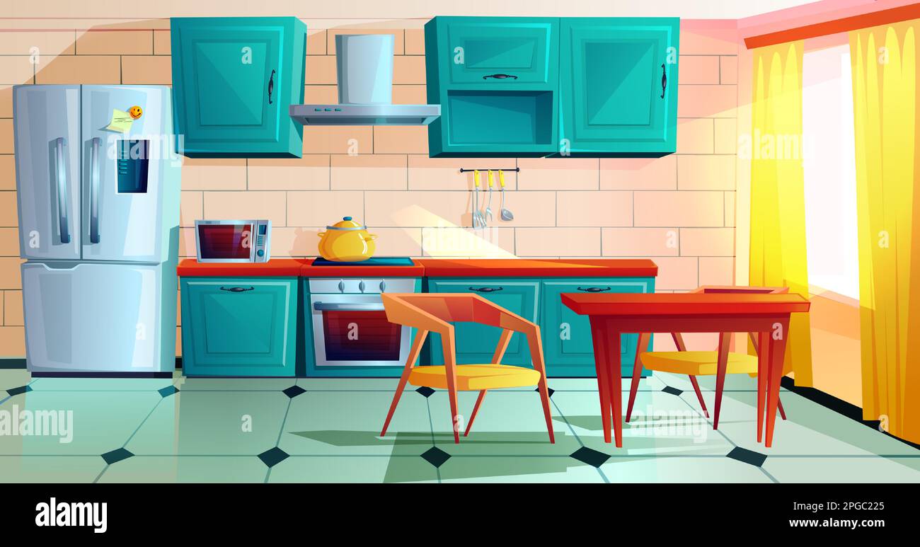 Kitchen interior witn furniture cartoon vector illustration. Home cooking room with wooden dining table, blue kitchen cabinets, fridge with magnet and reminder, oven, microwave, hob and extractor hood Stock Vector