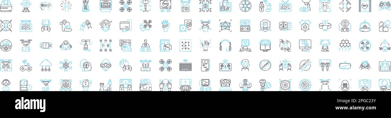 Virtual technology vector line icons set. Virtual, Technology, Cloud, Automation, Augmented, Networking, Simulation illustration outline concept Stock Vector