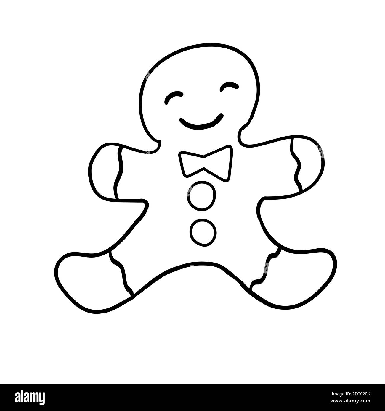 Gingerbread man in outline doodle style. Christmas and New Year cookie. Vector illustration isolated on white background. Stock Vector