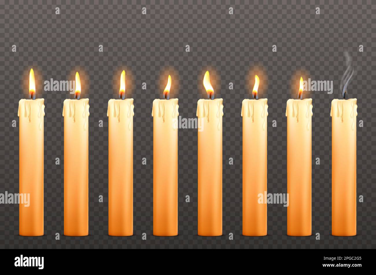 Candles with different fire flames and dripping wax isolated on ...