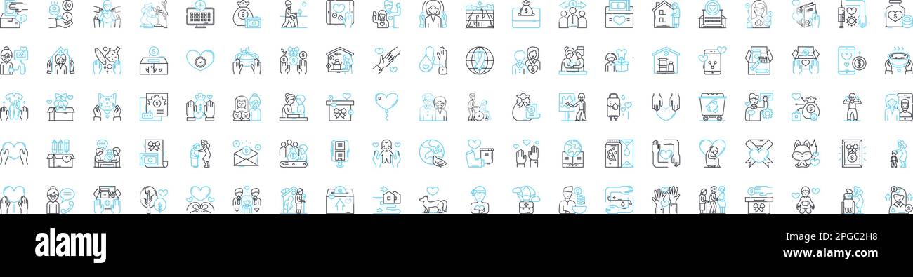 Charity vector line icons set. philanthropy, benevolence, donation, helping, compassion, kindness, kindness illustration outline concept symbols and Stock Vector