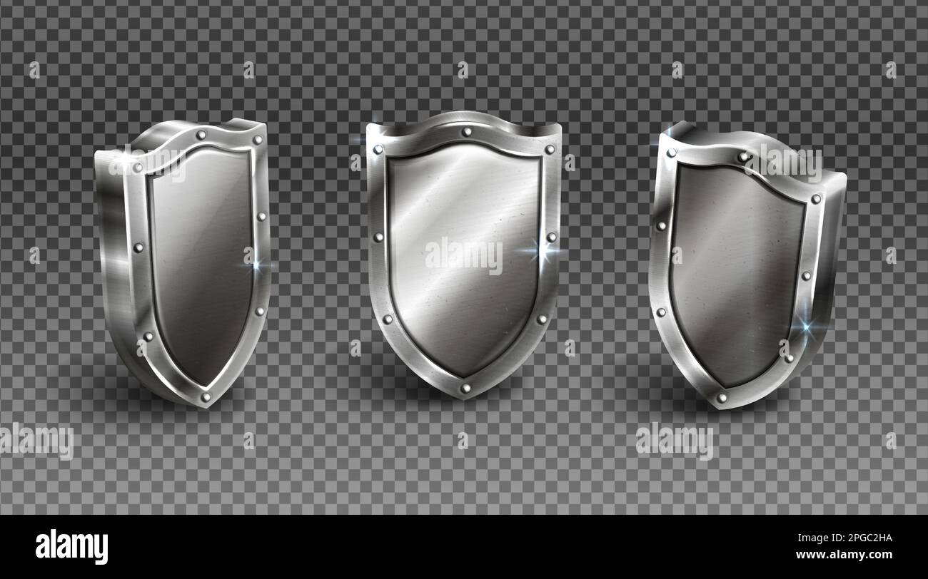 Metal shield with rivet frame vector set, medieval knight ammo, silver metal guard with steel border award trophy, military armor front side view isolated on transparent background realistic 3d icon Stock Vector