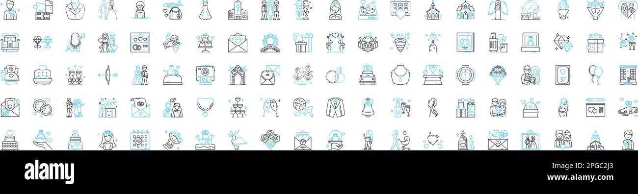 Wedding vector line icons set. Marriage, Nuptials, Ceremony, Bride, Groom, Vows, Celebration illustration outline concept symbols and signs Stock Vector