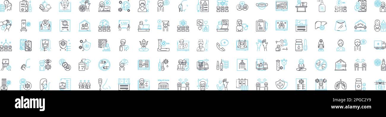 Covid vector line icons set. Covid, Pandemic, Virus, Coronavirus, Lockdown, Infection, Testing illustration outline concept symbols and signs Stock Vector