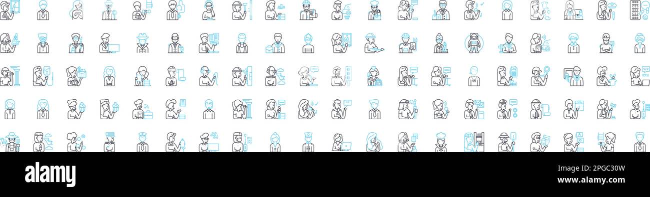 Avatars vector line icons set. Personas, Characters, Forms, Idols, Avatars, Representations, Embodiments illustration outline concept symbols and Stock Vector