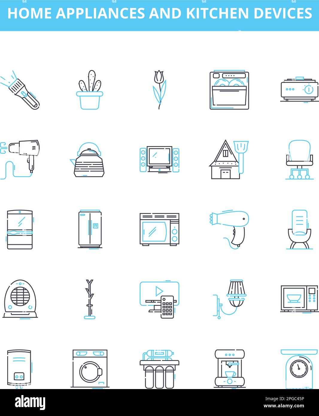 Home appliances and kitchen devices vector line icons set. Stove, Microwave, Kettle, Toaster, Dishwasher, Refrigerator, Blender illustration outline Stock Vector