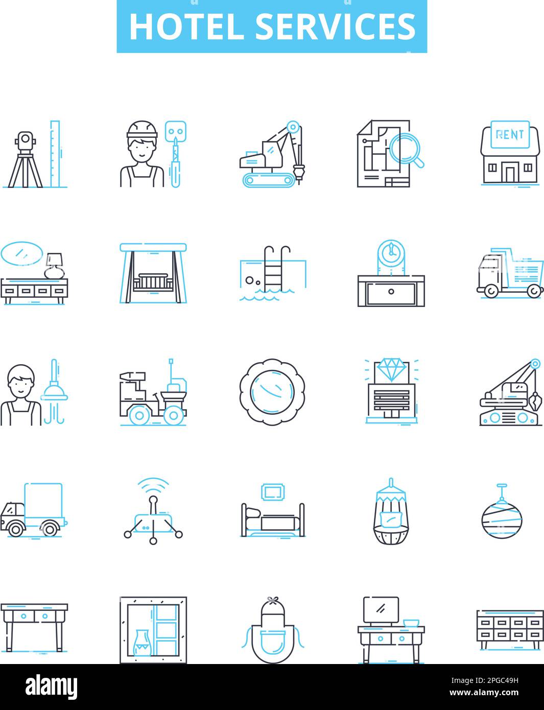 Hotel services vector line icons set. Accommodation, Amenities, Restaurants, Catering, Spa, Pool, Swimming illustration outline concept symbols and Stock Vector