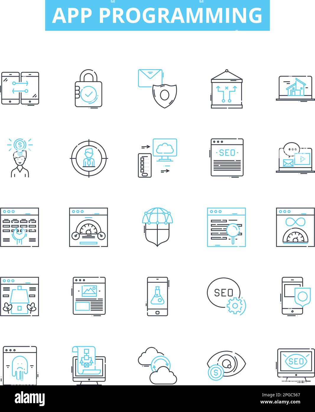 App programming vector line icons set. App, Programming, Coding, Development, iOS, Android, Design illustration outline concept symbols and signs Stock Vector