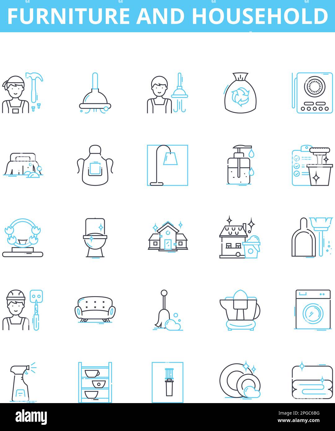 Furniture and household vector line icons set. Furniture, Household, Chair, Couch, Table, Desk, Bed illustration outline concept symbols and signs Stock Vector