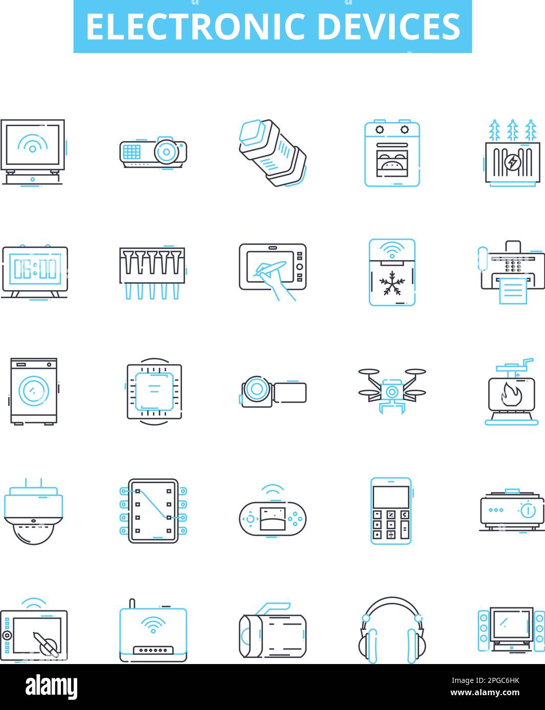 Electronic devices vector line icons set. Electronics, Devices, Digital, Components, Computers, Tablets, Phones illustration outline concept symbols Stock Vector