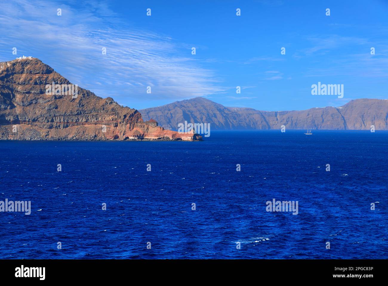 Typical coast of Santorini, member of the Cyclades group of islands in Greece. Stock Photo