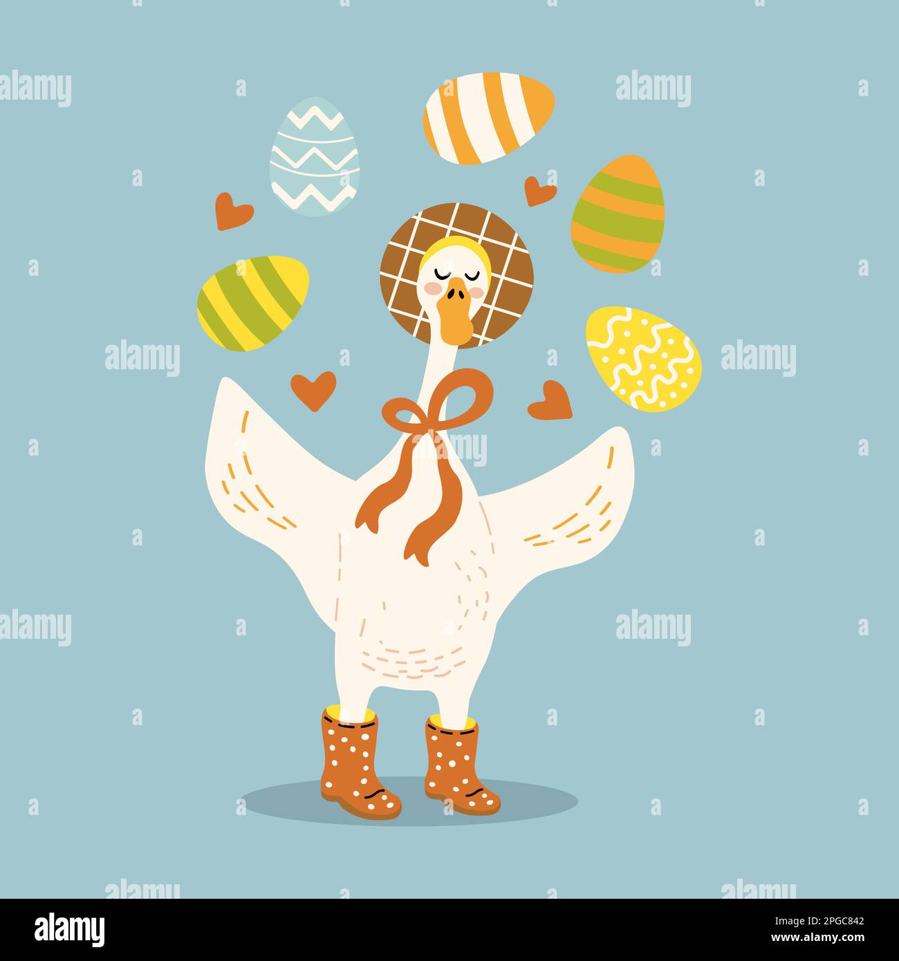 cute goose in boots and hat juggling easter eggs Stock Vector