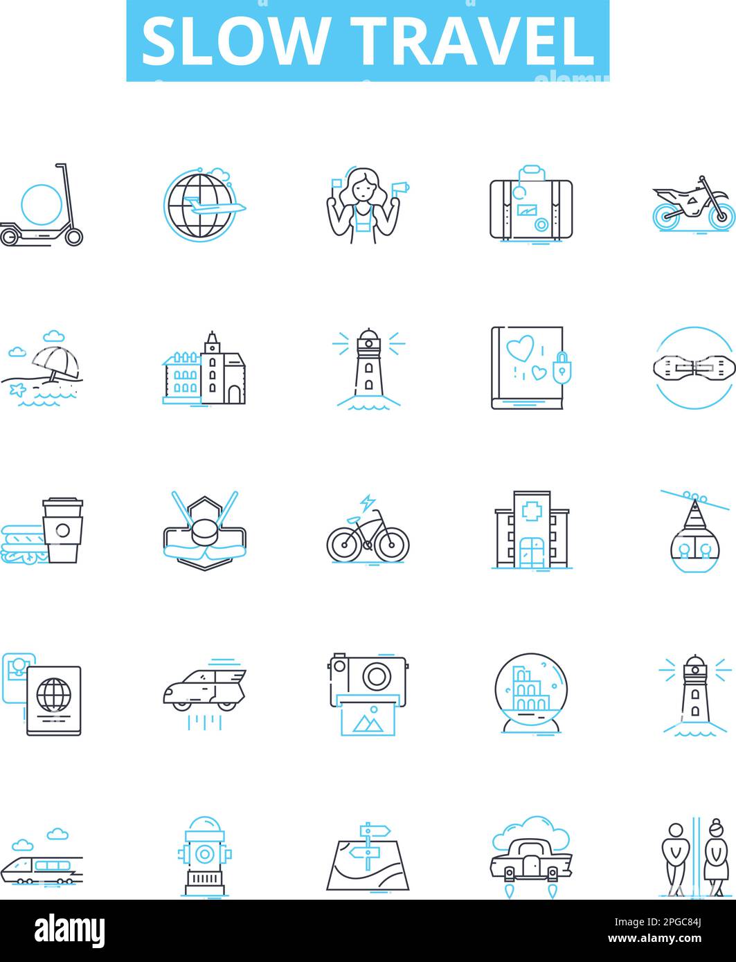 Slow travel vector line icons set. Slow, Travel, Sustainable, Ecotourism, Responsible, Community-based, Local illustration outline concept symbols and Stock Vector