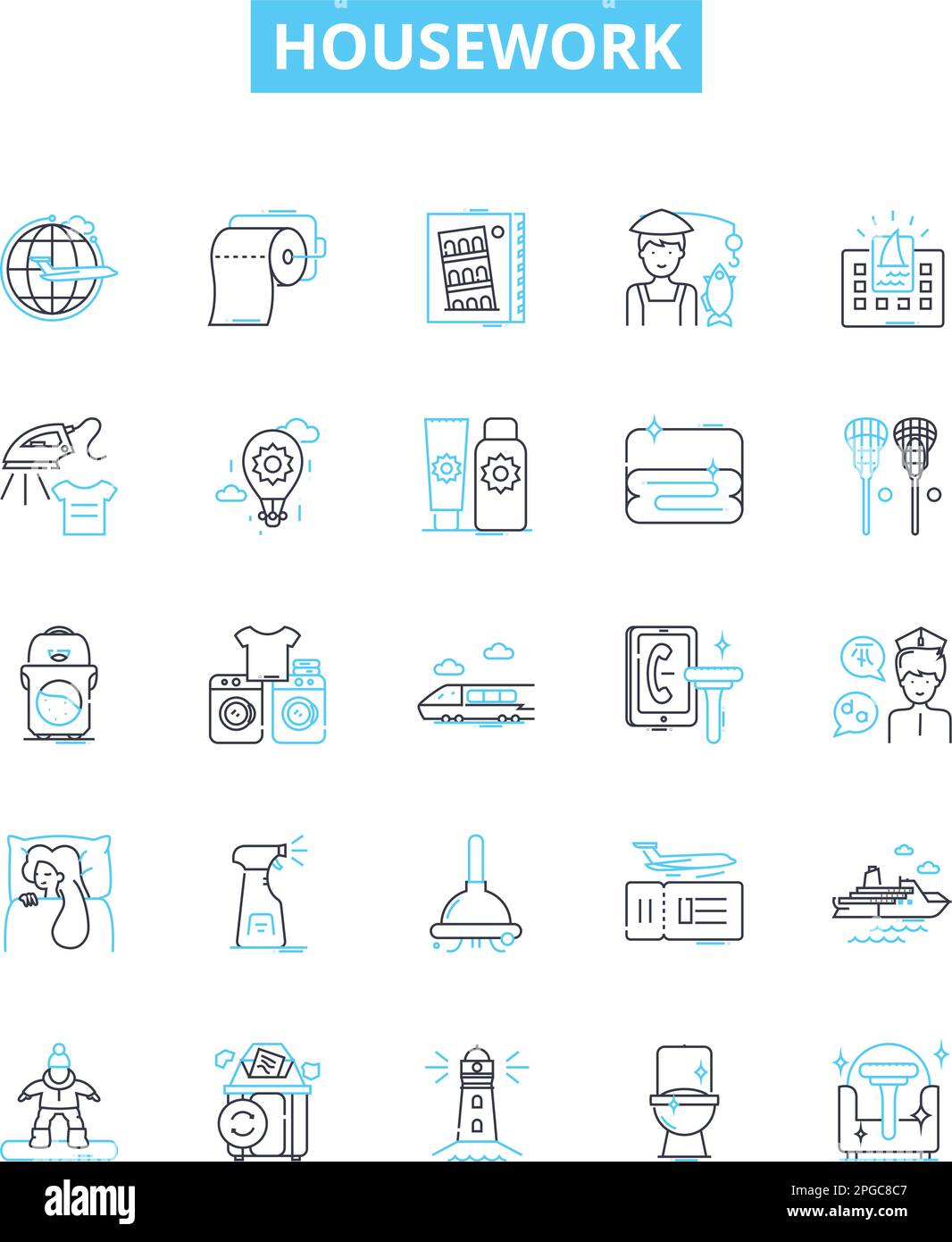 Housework vector line icons set. Cleaning, Dusting, Laundering
