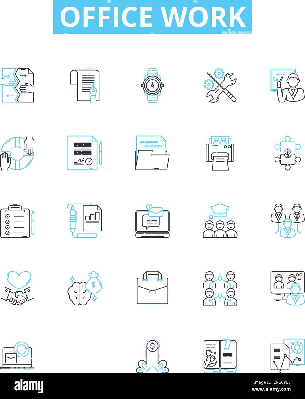 Office work vector line icons set. Office, Work, Documents, Communication, Meetings, Technology, Analysis illustration outline concept symbols and Stock Vector