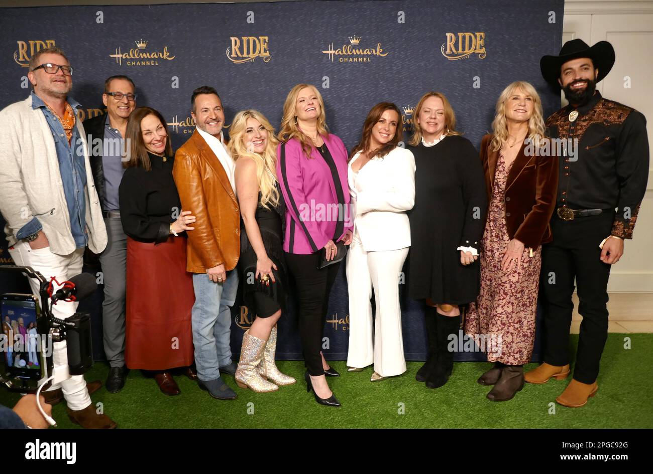 West Hollywood, California, USA 21st March 2023 (L-R) Guest, John Morayniss, Elena Barry, Guest, Rebecca Boss, Laurie Ferneau, Carolyn Newman, Lisa Hamilton Daly, Virginia Rankin and Chris Masi attend Los Angeles Premiere of Hallmark's 'Ride' at The London Hotel on March 21, 2023 in West Hollywood, California, USA. Photo by Barry King/Alamy Live News Stock Photo