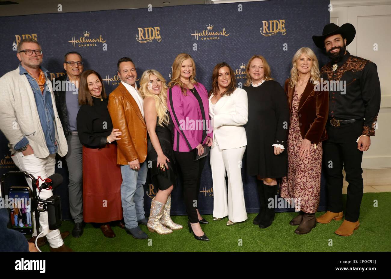 West Hollywood, California, USA 21st March 2023 (L-R) Guest, John Morayniss, Elena Barry, Guest, Rebecca Boss, Laurie Ferneau, Carolyn Newman, Lisa Hamilton Daly, Virginia Rankin and Chris Masi attend Los Angeles Premiere of Hallmark's 'Ride' at The London Hotel on March 21, 2023 in West Hollywood, California, USA. Photo by Barry King/Alamy Live News Stock Photo