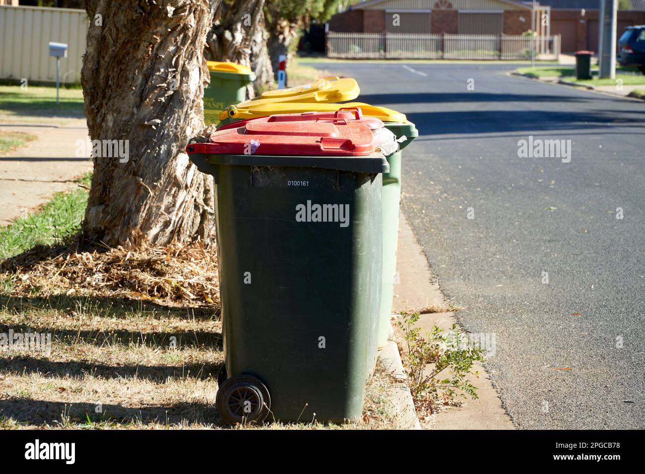 Rubbish bins lined up on the Nature strip of a Urban street awaiting