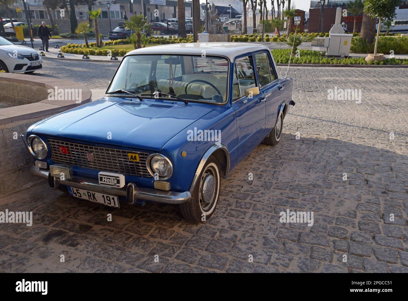 A classic Fiat 124 saloon car on parked in Cesme, Turkey, December 2022 Stock Photo