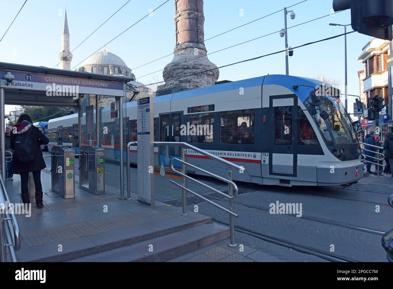 Turkish tram at Çemberlitaş tram stop, by the ancient Column of ...