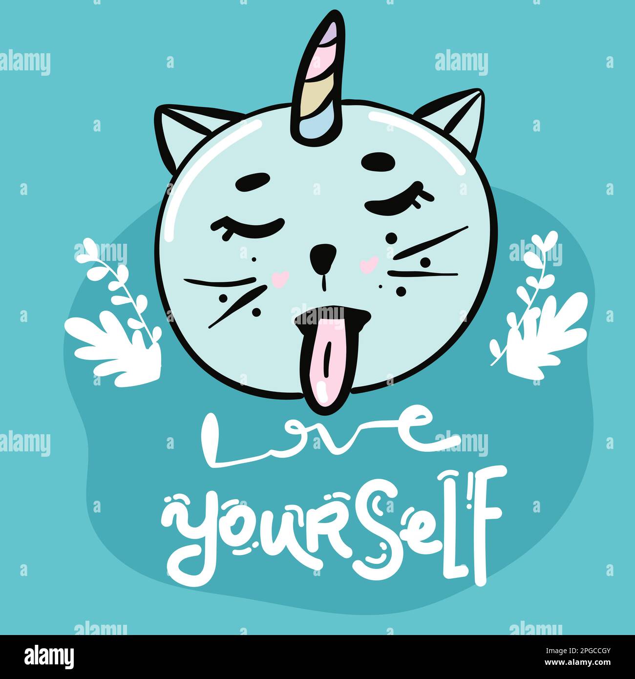 Catcorn. Lovely cartoon cat unicorn face and lettering text on white